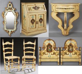 Appraisal: Seven Pieces of Polychromed Furniture th c co Seven Pieces