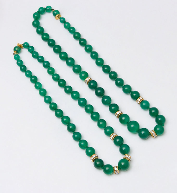 Appraisal: PAIR OF K GOLD PLATINUM DIAMOND DYED CHALCEDONY BEAD NECKLACES