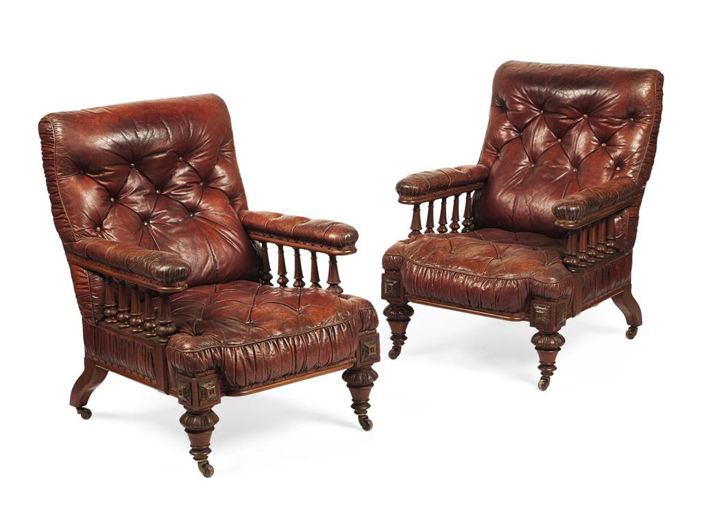 Appraisal: PAIR OF EARLY VICTORIAN MAHOGANY AND LEATHER UPHOLSTERED OPEN ARMCHAIRS