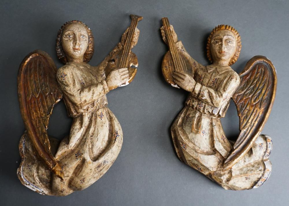 Appraisal: Pair Painted Wood Hanging Carvings of Angels H in cm