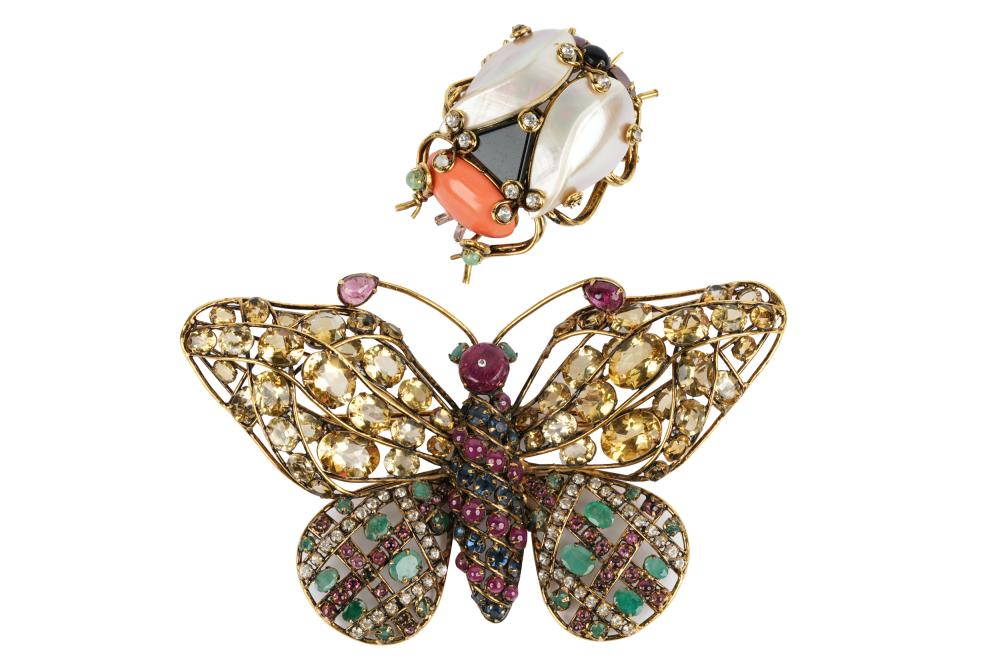 Appraisal: TWO IRADJ MOINI GEM-SET GOLDPLATE BROOCHESthe butterfly brooch gem-set with