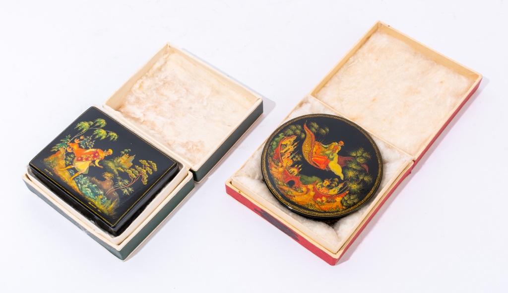 Appraisal: RUSSIAN LACQUER BOXES PALEKH IN ORIGINAL BOXES Soviet period Russian