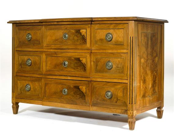 Appraisal: CHEST OF DRAWERS Louis XVI Switzerland circa Inlaid walnut with