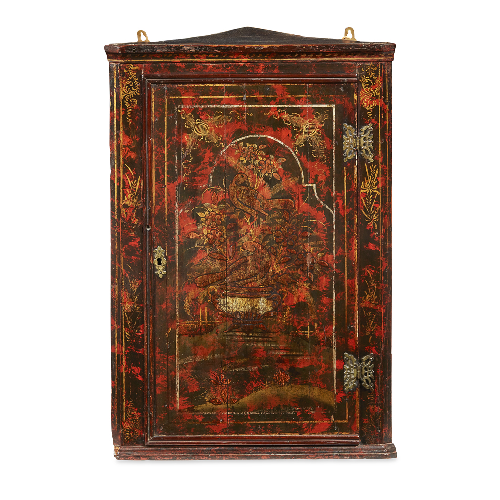 Appraisal: WILLIAM AND MARY JAPANNED AND GILT HANGING CORNER CUPBOARD EARLY