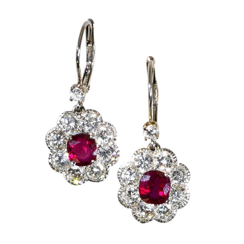 Appraisal: RUBY AND DIAMOND K WHITE GOLD CLUSTER EARRINGS Two bright