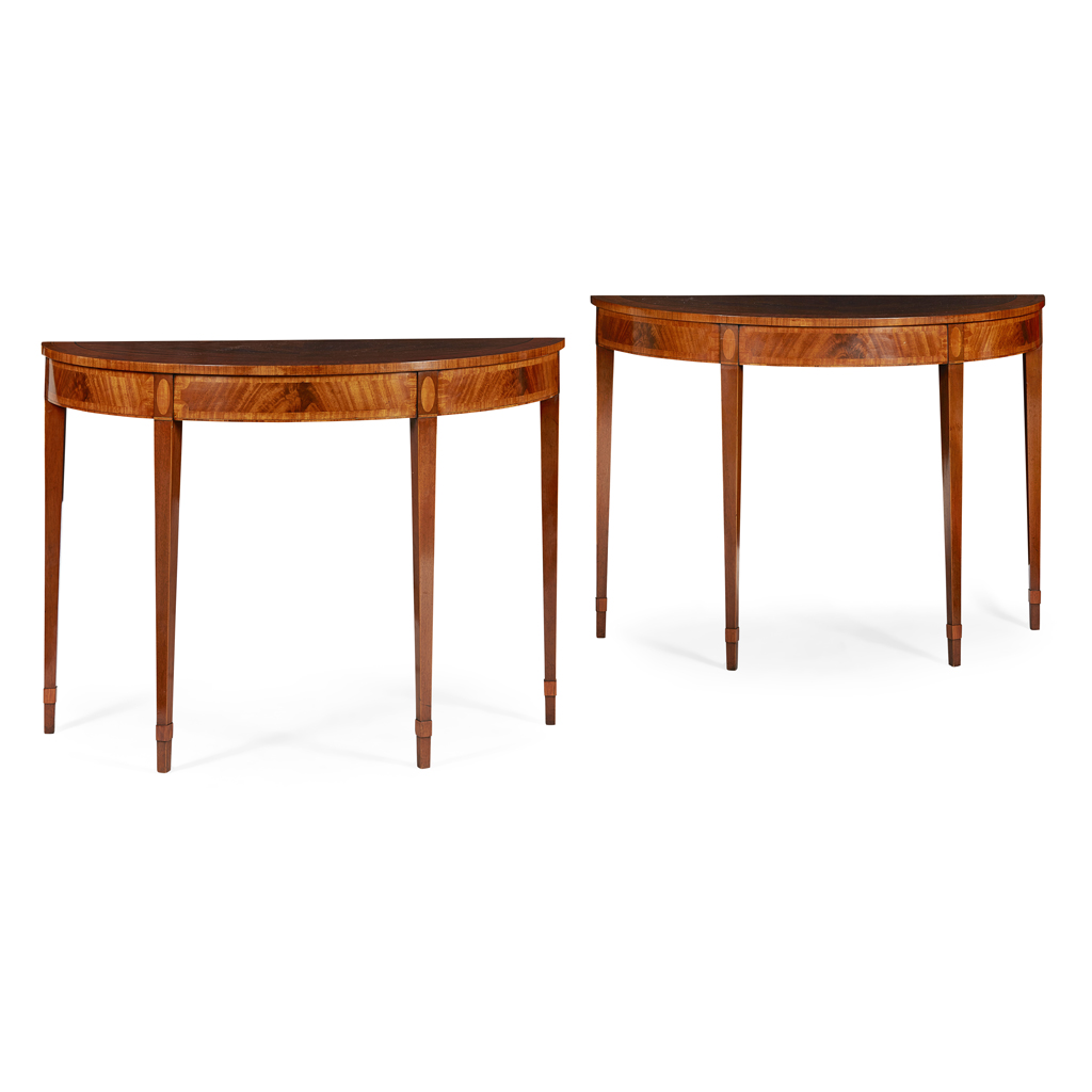 Appraisal: PAIR OF GEORGE III STYLE MAHOGANY DEMI-LUNE SIDE TABLES CIRCA