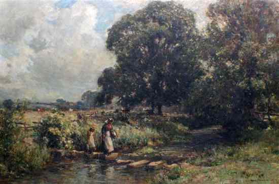 Appraisal: Owen Bowen - oil on canvas 'The Stepping Stones' signed