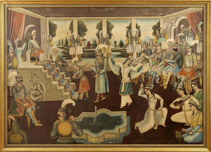 Appraisal: Persian School Timurid-Style Court Scene Oil on canvas signed lower