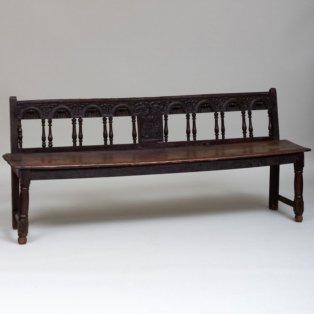 Appraisal: Italian Baroque Carved Chestnut and Walnut Bench Adapted with an