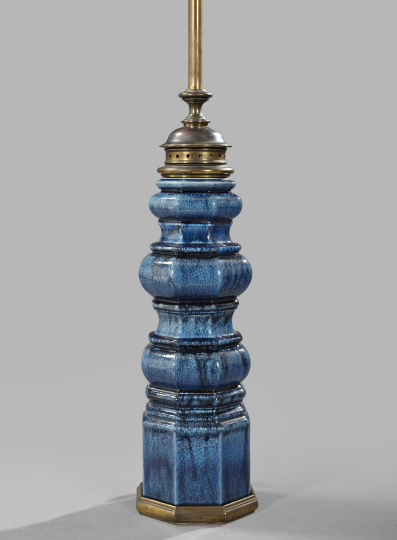 Appraisal: Imposing French Brass-Mounted Blue Terra Cotta Table Lamp of octagonal