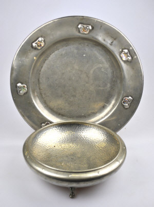 Appraisal: An Arts Crafts Liberty pewter charger with mother-of-pearl heart shaped