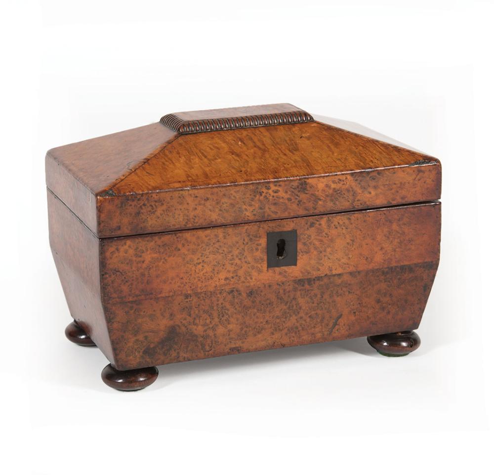 Appraisal: English Burlwood Sarcophagus-Form Tea Caddy th c with two lidded