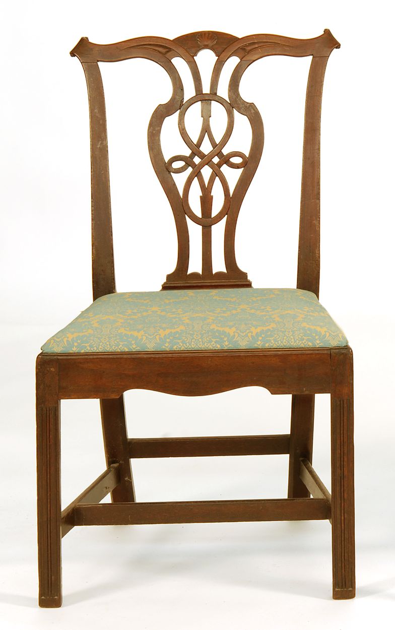 Appraisal: ANTIQUE CHIPPENDALE SIDE CHAIR Circa With scrolled ears shell-carved crest