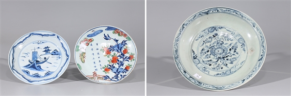 Appraisal: Group of three Chinese porcelains including enameled dish with calligraphy