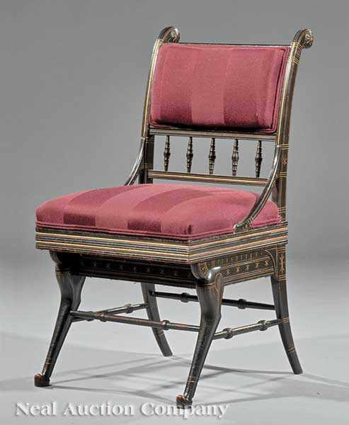 Appraisal: An English Egyptian Revival Ebonized and Gilded Side Chair c