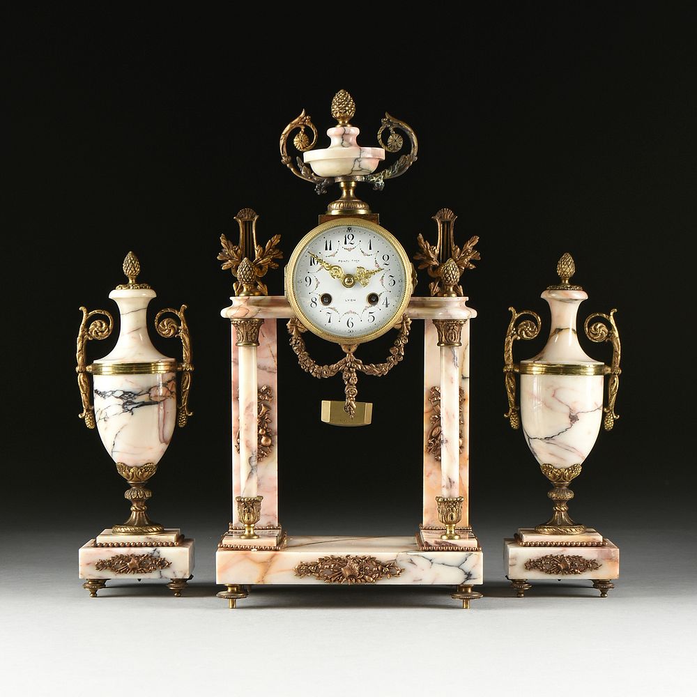 Appraisal: A VICENTE ET CIE PINK AND WHITE MARBLE CLOCK GARNITURE