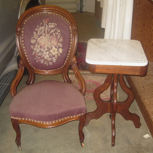 Appraisal: VICTORIAN PARLOR CHAIR AND MARBLE-TOP LAMP STAND the medallion-back chair