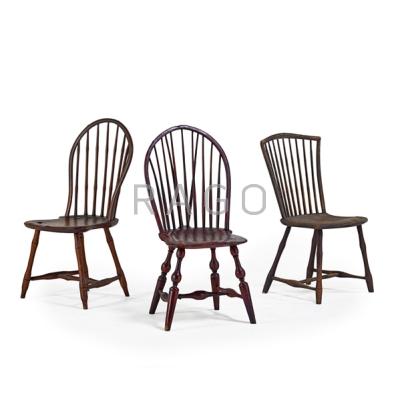 Appraisal: AMERICAN WINDSOR CHAIRS Three in mixed woods th c One