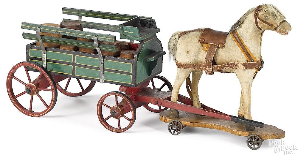 Appraisal: Painted brewery wagon with platform horse pull toy Painted wood