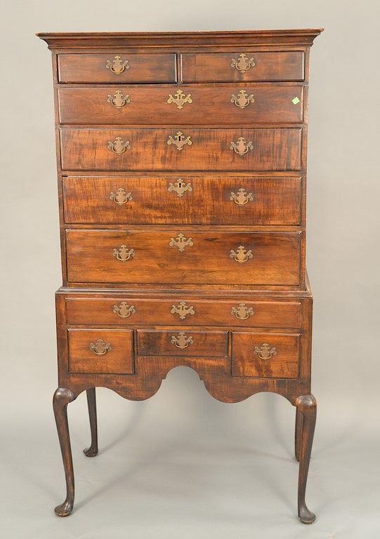 Appraisal: Queen Anne flat top highboy maple and tiger maple in