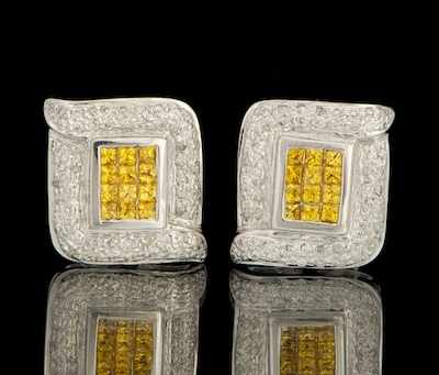 Appraisal: A Pair of Diamond and Yellow Sapphire Earrings k white