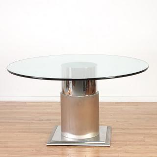 Appraisal: Pace style brushed chrome pedestal dining table Pace style brushed