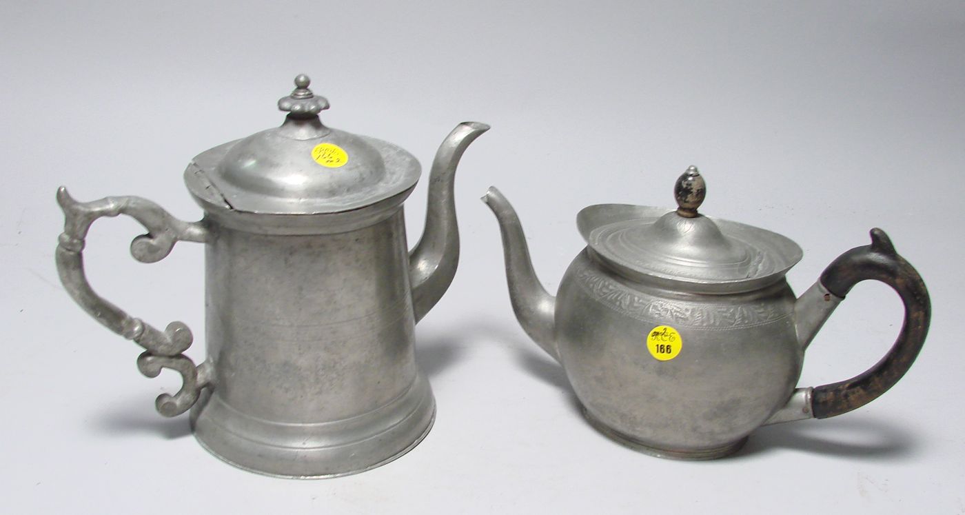 Appraisal: TWO AMERICAN PEWTER ITEMS th CenturyCoffeepot in tapered cylindrical form