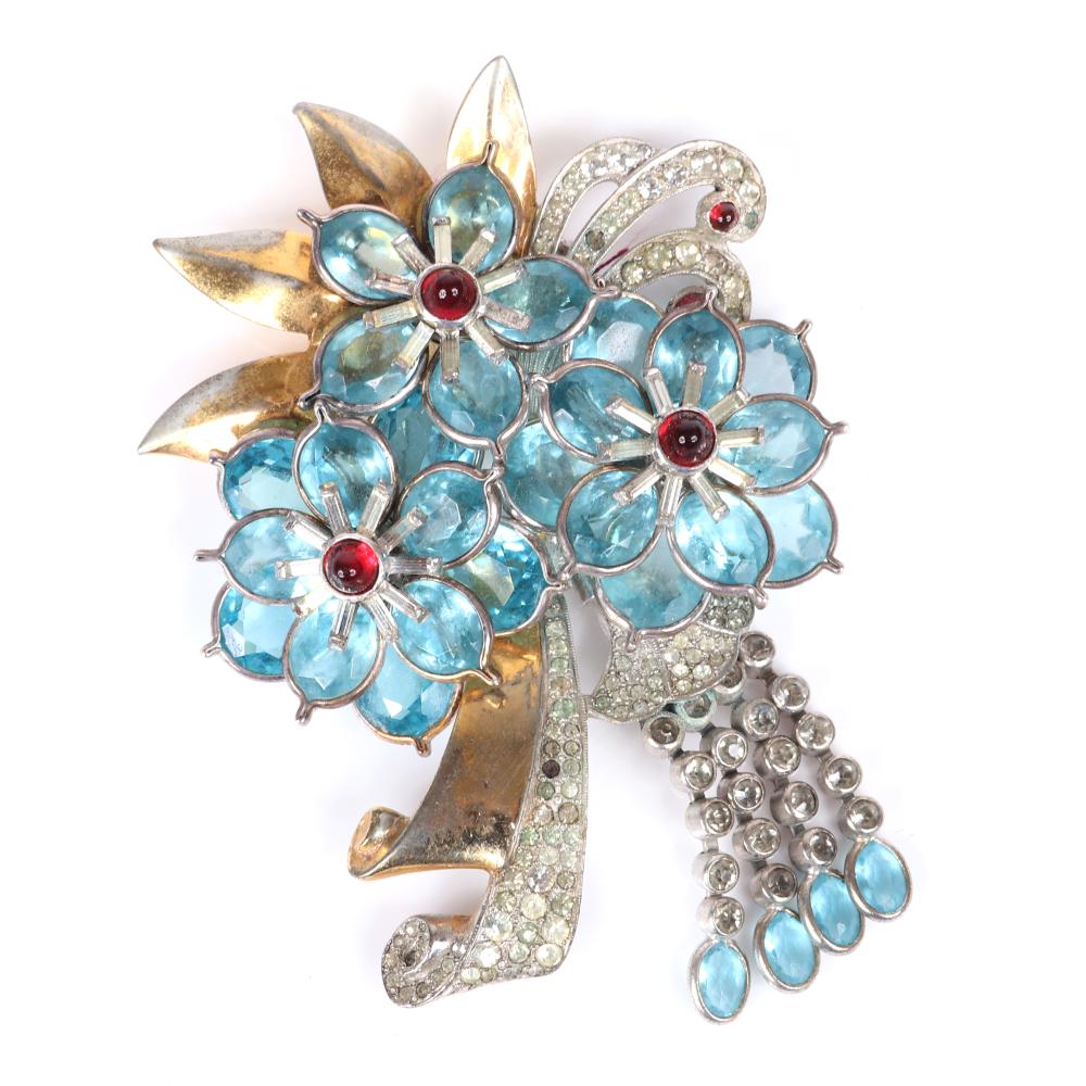 Appraisal: PENNINO LARGE LAYERED FRINGED FLOWER SPRAY PIN CLIP WITH AQUA