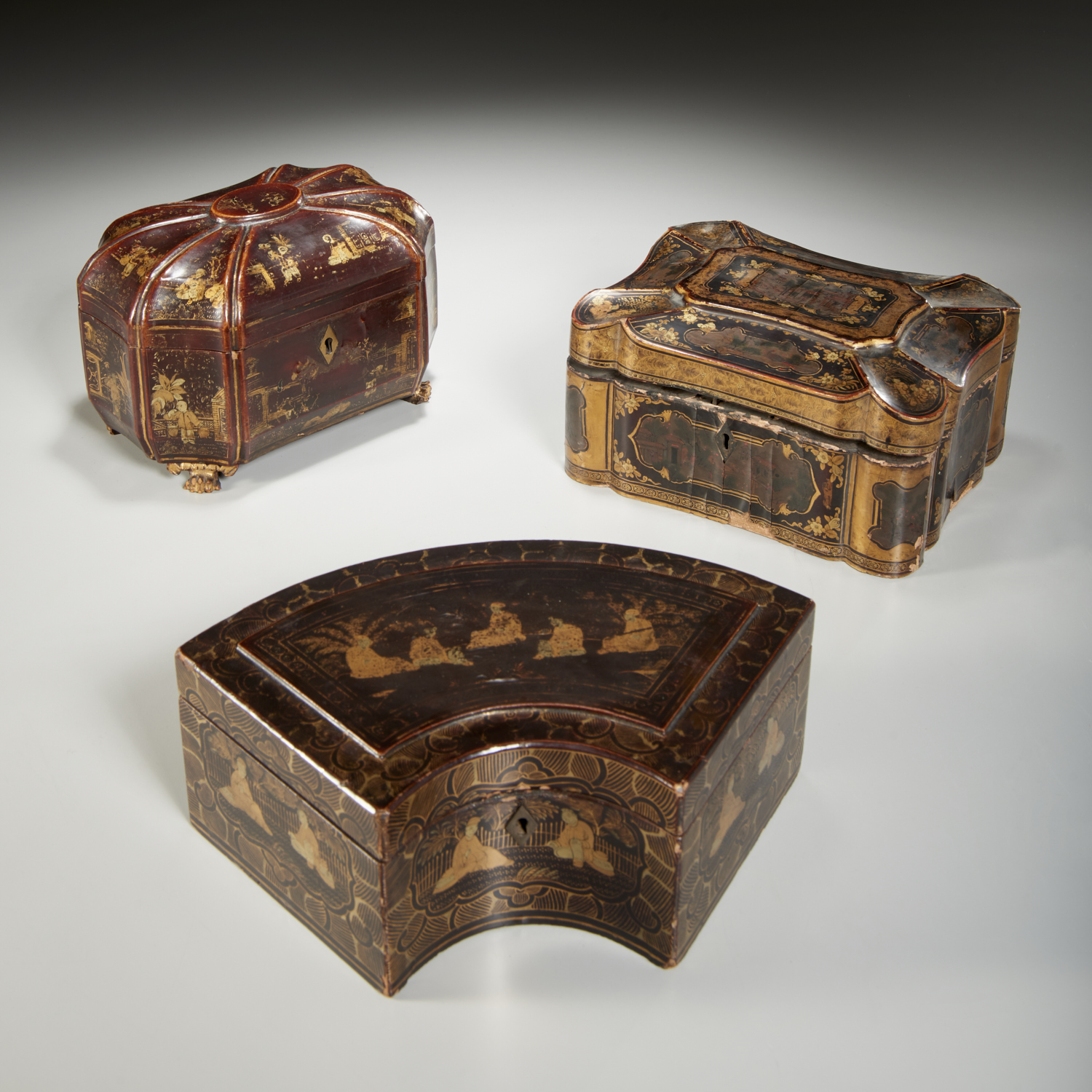 Appraisal: CHINESE EXPORT LACQUER TEA CADDIES th c China lacquered caddies