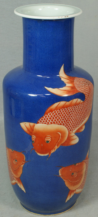 Appraisal: Chinese Lg powdered blue vase beautifully enameled w carp -