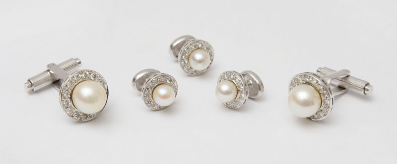 Appraisal: FIVE PIECE WHITE GOLD CURLTURED PEARL AND DIAMOND DRESS SET