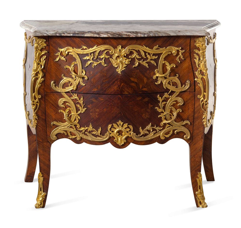 Appraisal: A Louis XV Style Gilt Bronze Mounted Marquetry Marble-Top Bombe