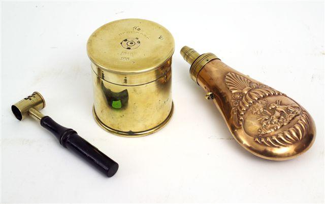 Appraisal: VICTORIAN COPPER AND BRASS POWDER FLASK of characteristic form chased