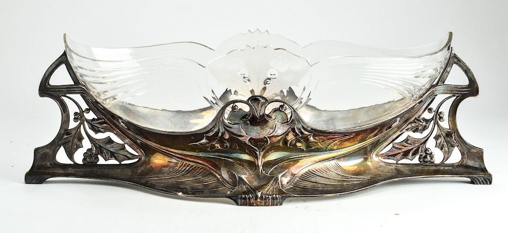 Appraisal: WMF Silver-Plate Glass Holly Centerpiece WMF Art Nouveau holly leaf