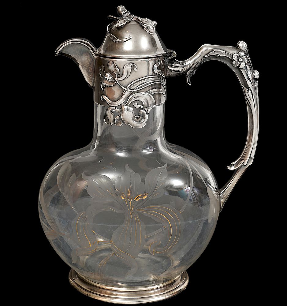 Appraisal: German Art Nouveau Crystal Silver Ewer German Art Nouveau crystal