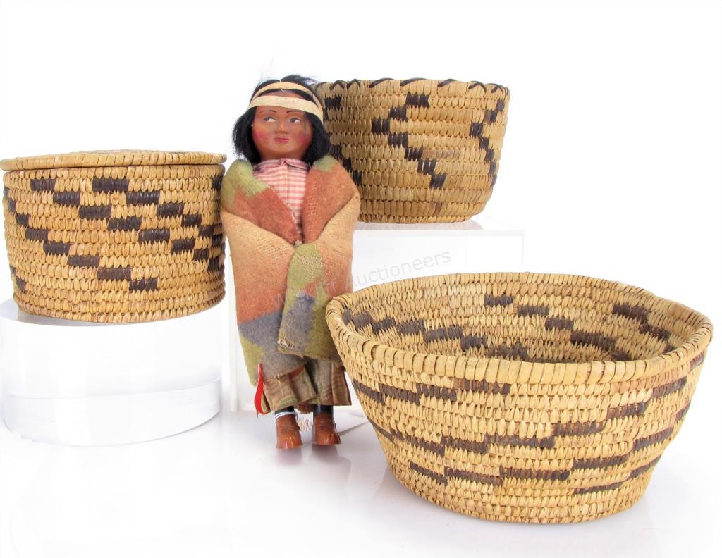 Appraisal: Group of Native American Baskets and Skookum Doll three Popago