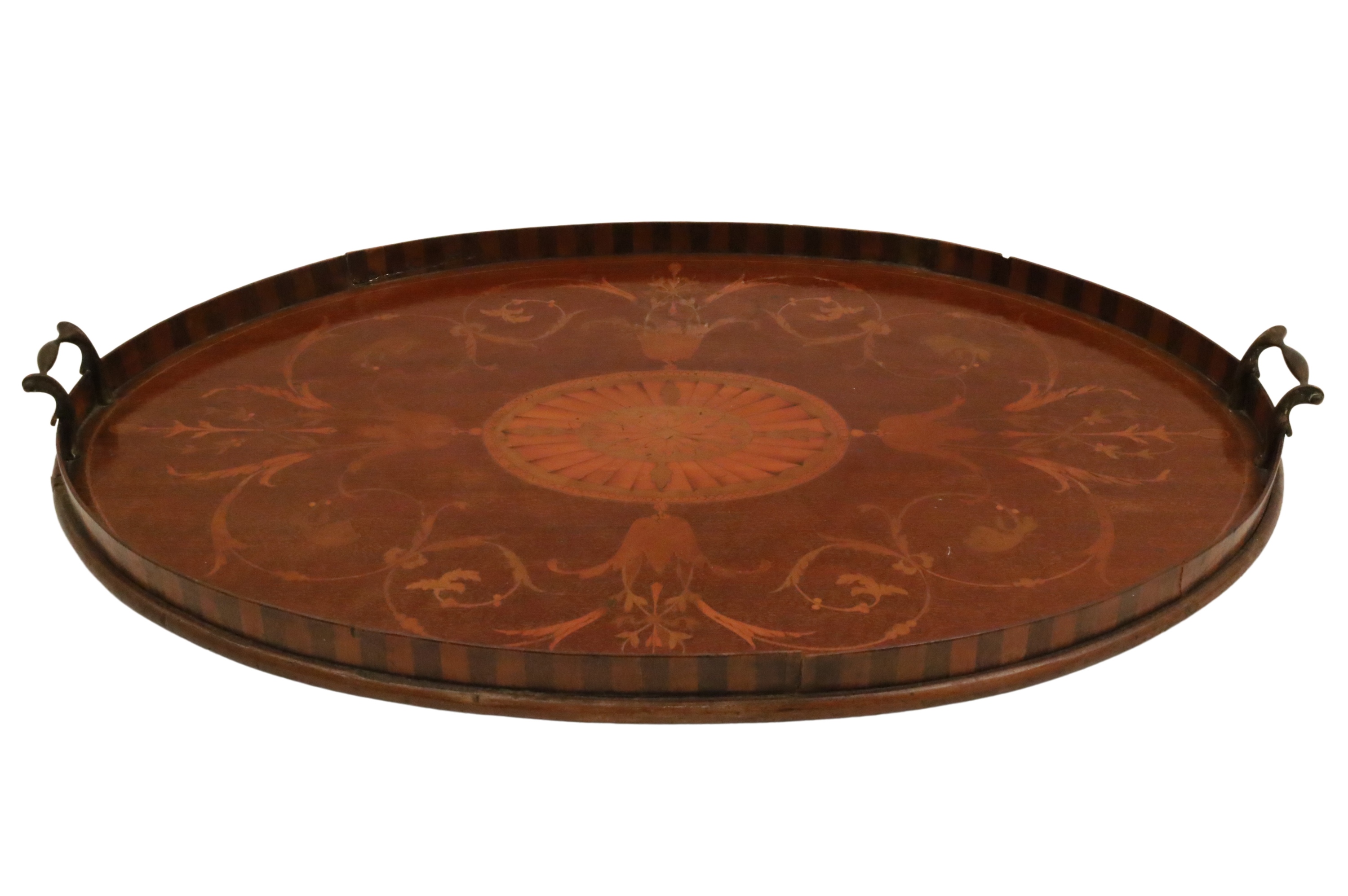 Appraisal: English mahogany marquetry inlaid double handled oval tray W D