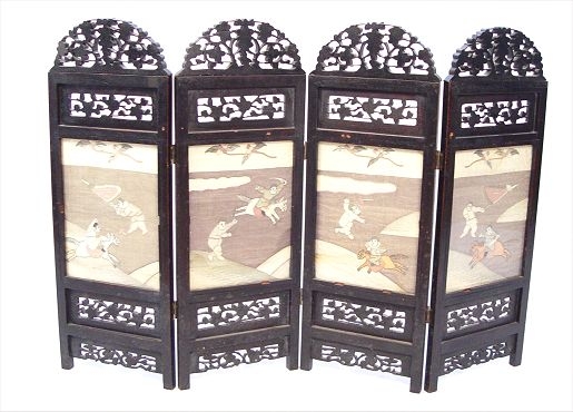 Appraisal: PANEL CHINESE TABLE SCREEN WITH SILK PANELS Carved hardwood screen