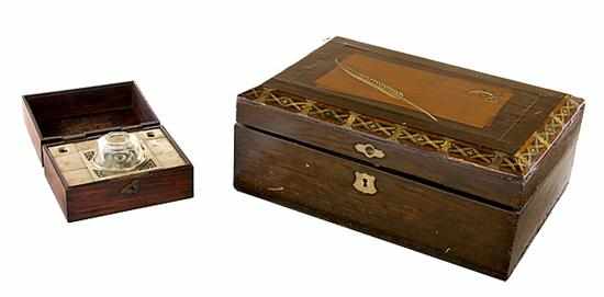 Appraisal: Inlaid mixed wood lap desk and rosewood inkstand late th