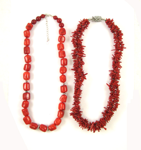 Appraisal: TWO CORAL AND SILVER NECKLACES including a - inch necklace