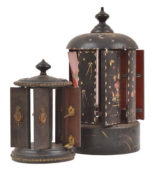 Appraisal: TWO TH CENTURY CAGE SHAPED REVOLVING DRESSING TABLE STANDS MINOR