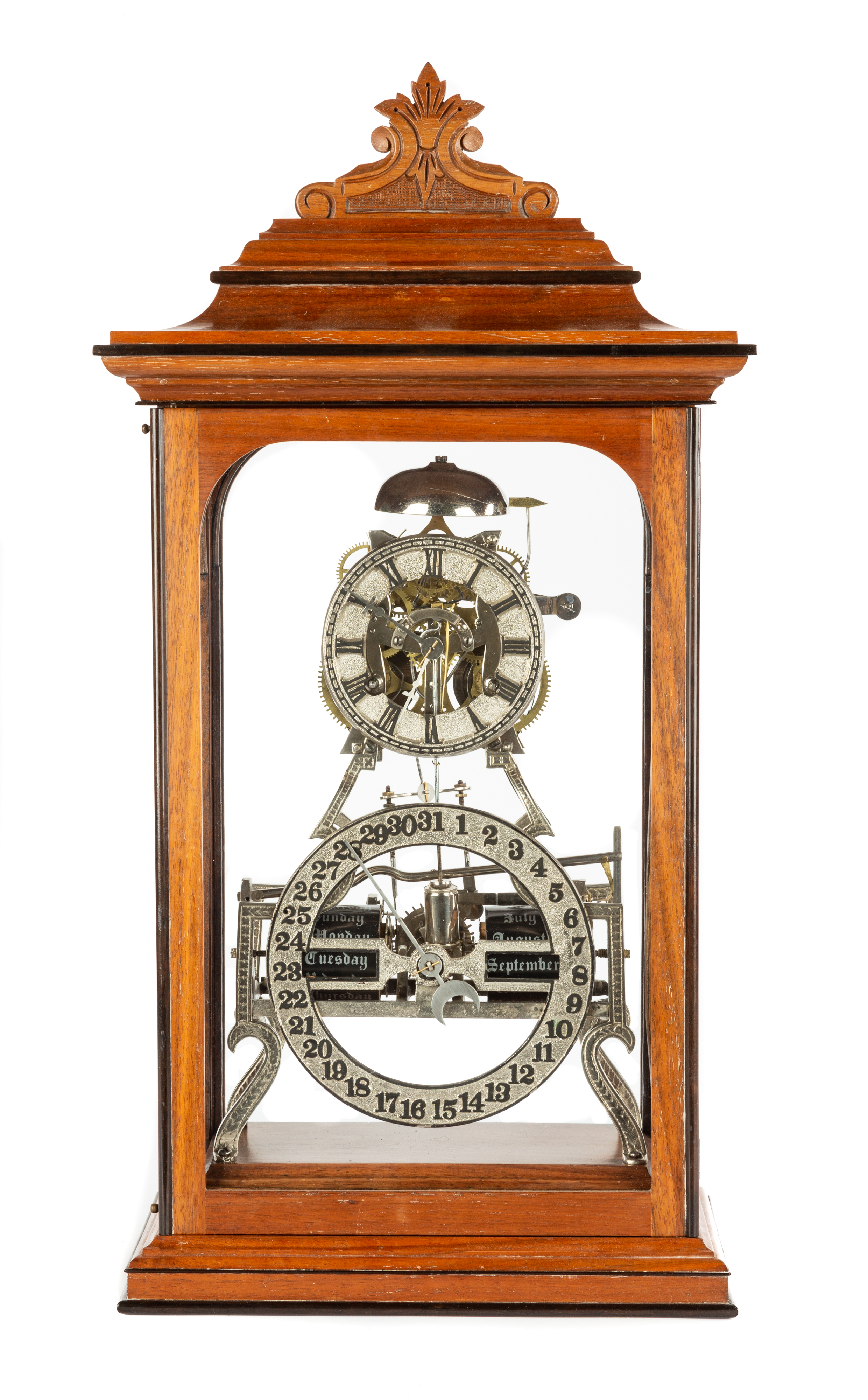 Appraisal: RE-ISSUE ITHACA BOXED SKELETON CALENDAR CLOCK Walnut case with ebonized