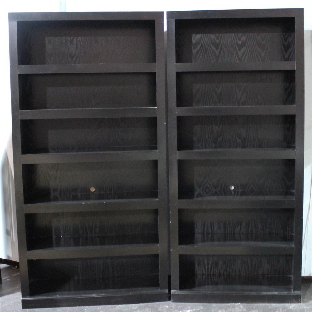 Appraisal: TWO SIMILAR BLACK STAINED OPEN FRAMED BOOKCASES both with open