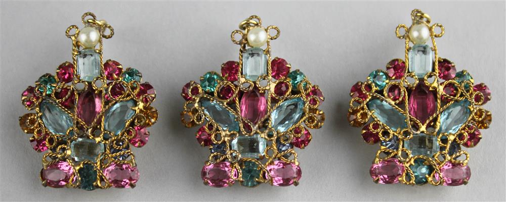 Appraisal: THREE HOBE CROWN PINS WITH AQUAMARINE AND PINK RHINESTONES AND