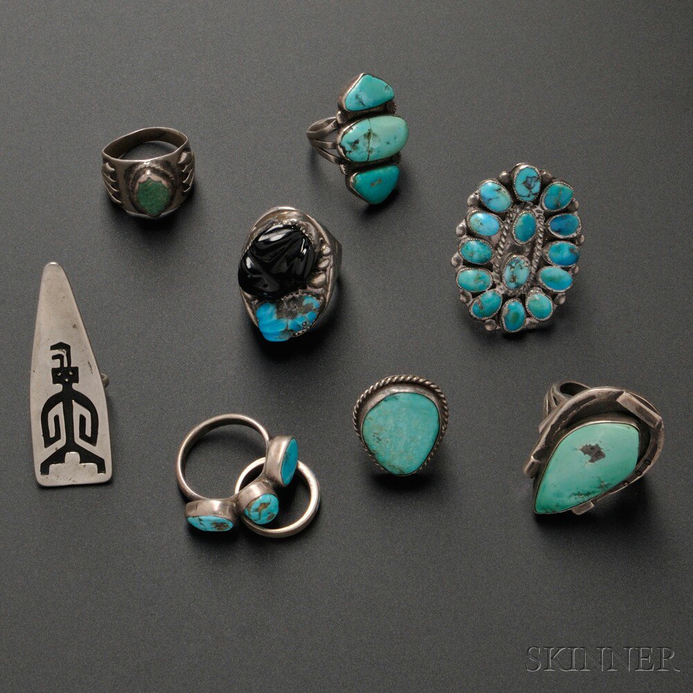 Appraisal: Nine Southwest Silver Rings various ages most with turquoise settings