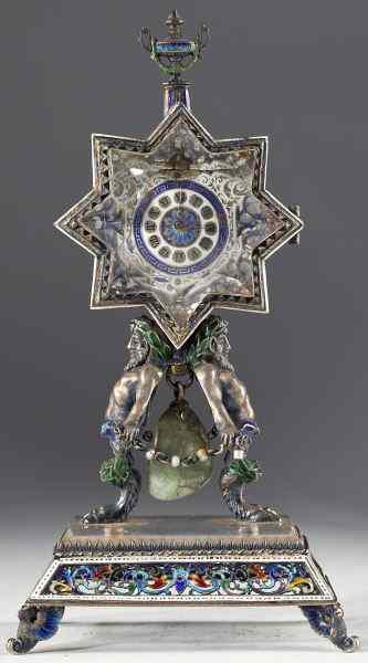 Appraisal: French Enameled Silver and Crystal Desk Clock th century urn