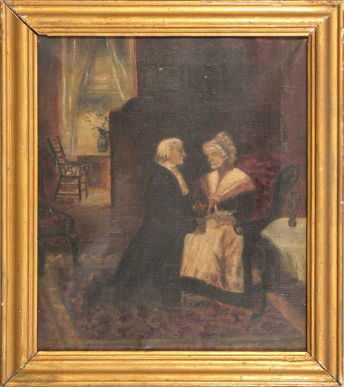 Appraisal: Oil on canvas interior scene with George and Martha Washington