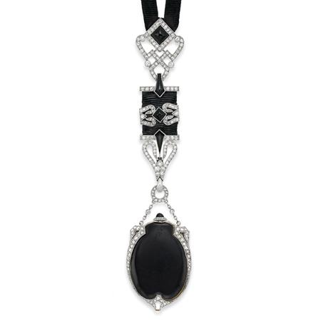 Appraisal: Platinum Gold Black Enamel Diamond and Black Onyx Pendant-Watch Estimate