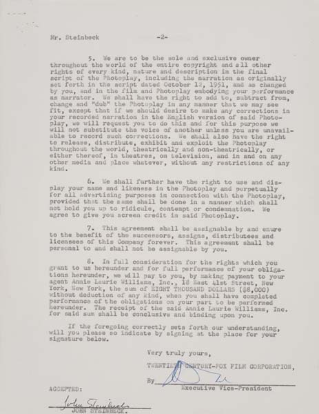 Appraisal: JOHN STEINBECK Typed letter signed by Steinbeck agreeing to the