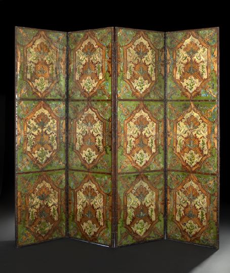 Appraisal: Spanish Polychromed and Parcel-Gilt Leather Four-Panel Folding Screen first quarter